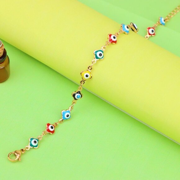 "Rose Gold Evil Eye Anklet with Multicolor Charms, XPAL1074 - Picture 4 of 13